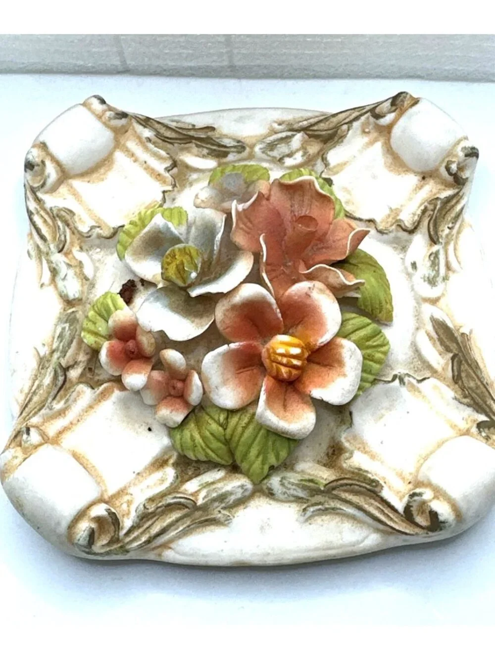 Vintage Porcelain Trinket Box Floral Lidded Footed Bisque Italian Style FLAWED
